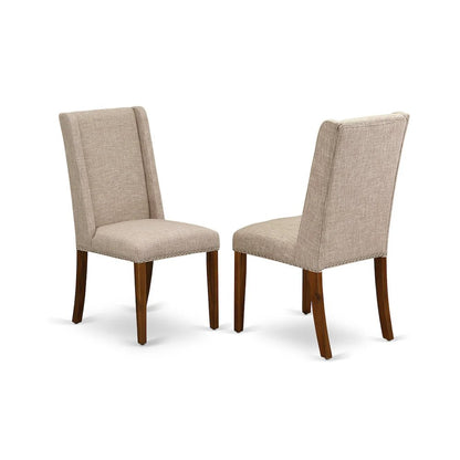 3 Piece Kitchen Table Set Contains a Round Dining Room Table with Pedestal and 2 Light Tan Linen Fabric Upholstered Chairs, 36x36 Inch, Natural