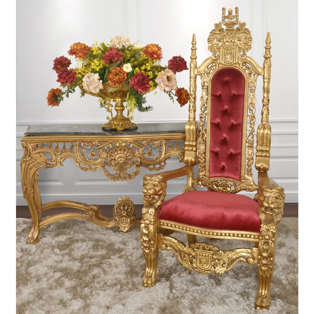 King Chair in Gold Leaf and Burgundy Velvet