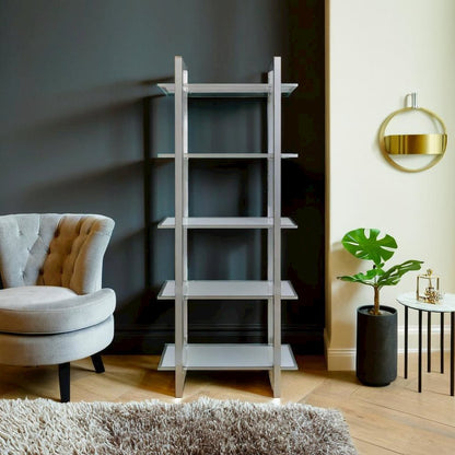 Sleek Five-Tier Bookcase with Glass Shelves and Polished Chrome Frame