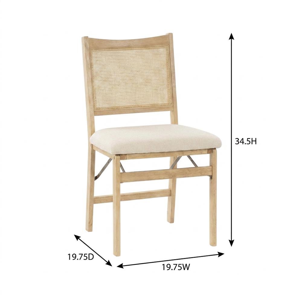 Beige Rattan Cane Folding Dining Side Chair with Polyester Fabric Seat
