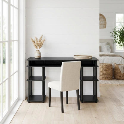 Black Student Desk, Shelves With Melamine Surface, Stainless Steel Accents