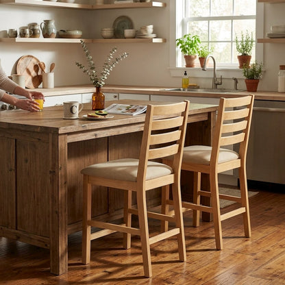 Café  Pub  Counter  Height  with  cushion  Seat  -  Natural  Oak  Finish,  Set  of  2