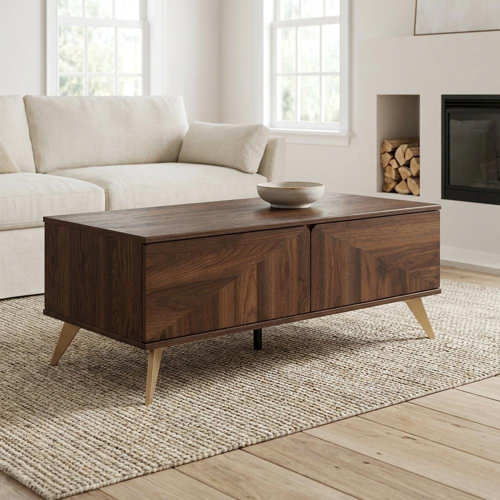 Walnut Brown Coffee Table with 2 Drawers Mid-Century Particle Board Legs