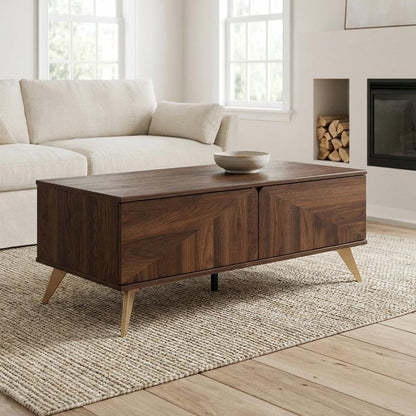 Walnut Brown Coffee Table with 2 Drawers Mid-Century Particle Board Legs