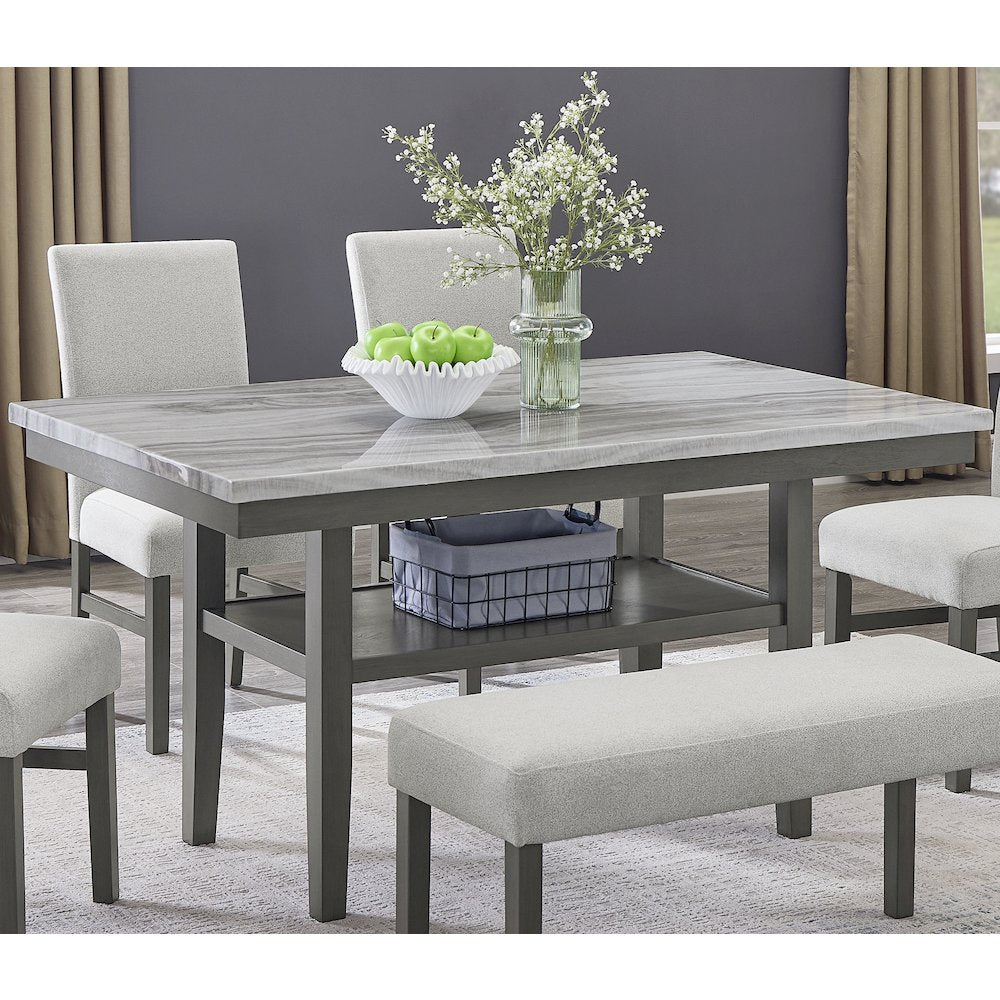 Selena 60" Gray Faux Marble Top Rectangular Dining Table with Storage Shelf