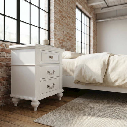 Elegant White Nightstand with Three Drawers for Bedroom Storage
