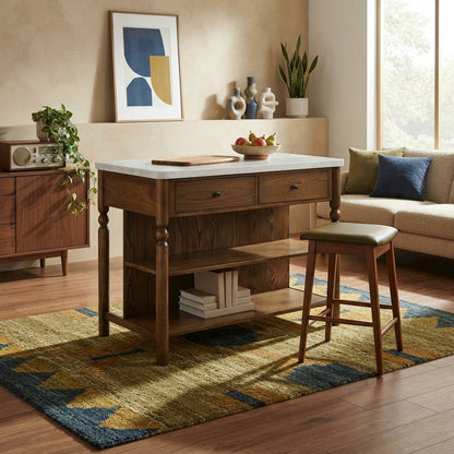 FurniFact Kitchen Island with Faux Marble Top and Open-Shelf Base, Brown