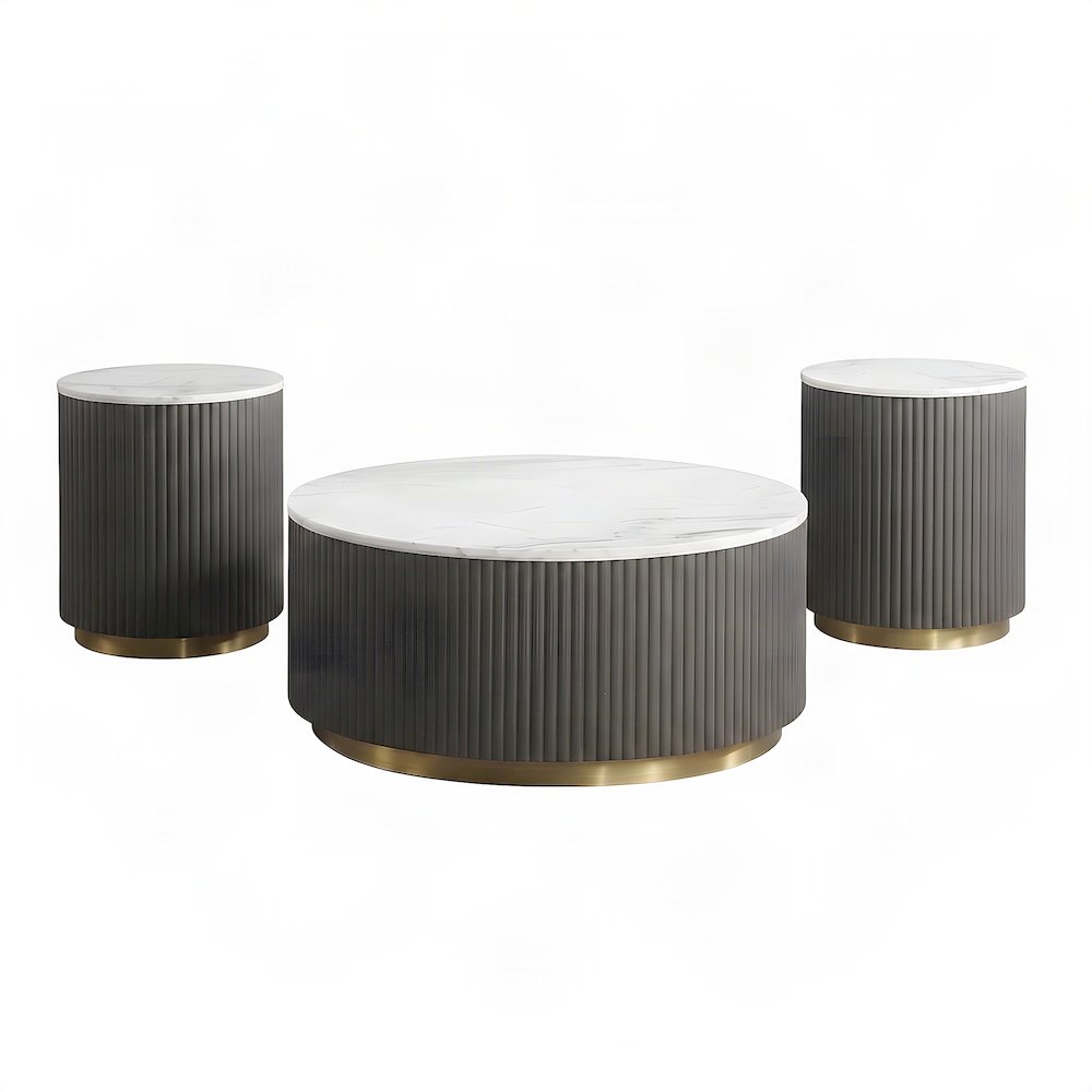 White 3-Piece Round Marble Coffee and End Table Set with Contemporary Style