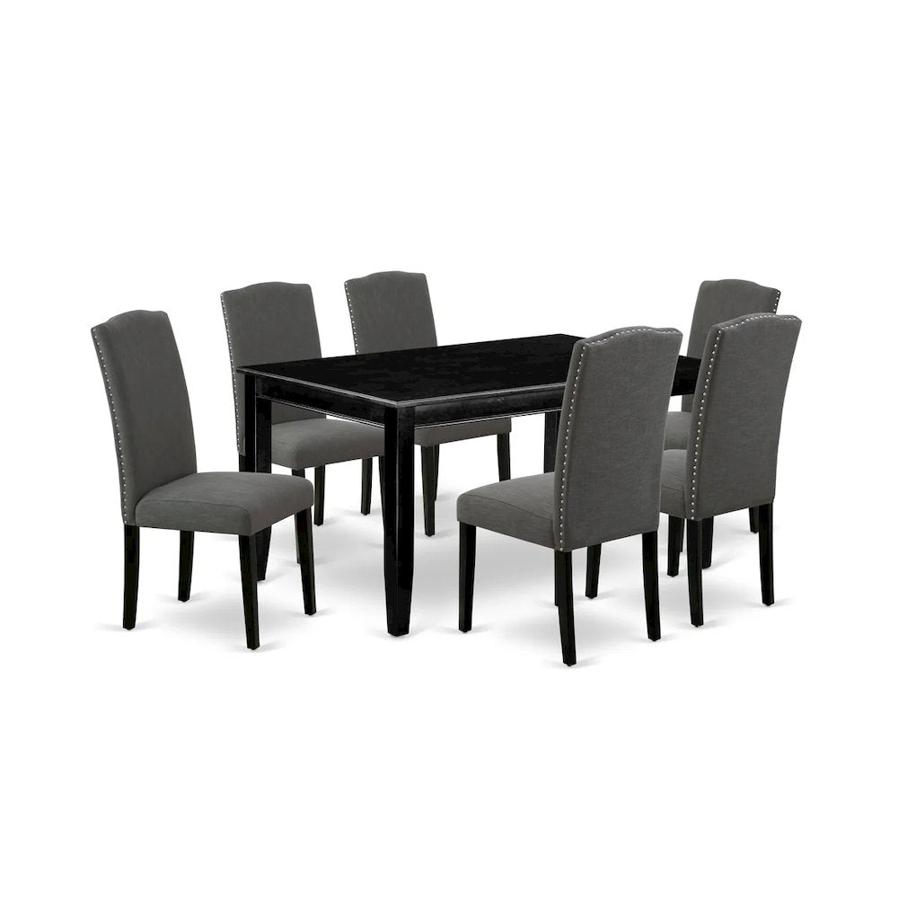7 Piece Modern Dining Table Set Consist of a Rectangle Wooden Table and 6 Dark Gotham Linen Fabric Upholstered Chairs, Black