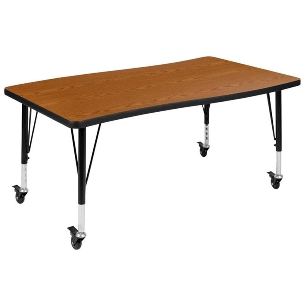 Mobile 28"W x 47.5"L Rectangular Wave Flexible Collaborative Oak Thermal Laminate Activity Table - Height Adjustable Short Legs