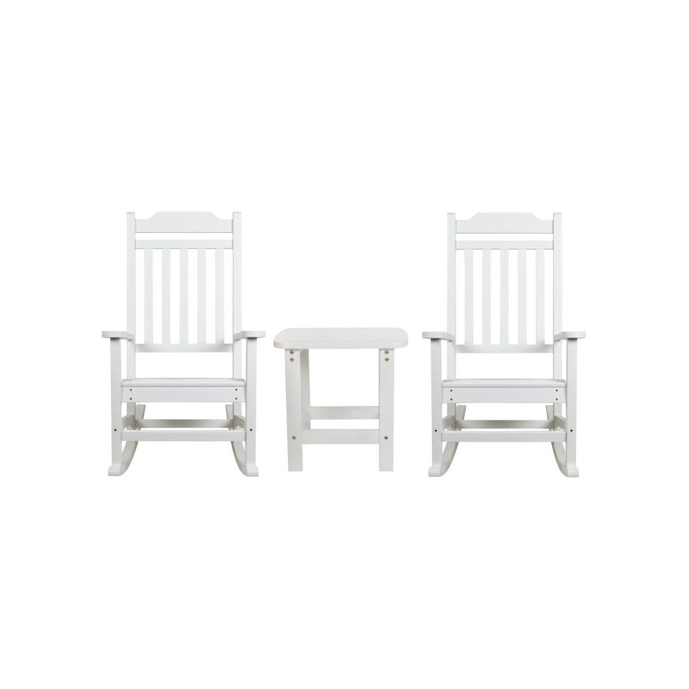 Set of 2 All-Weather Poly Resin Rocking Chairs with Accent Side Table in White