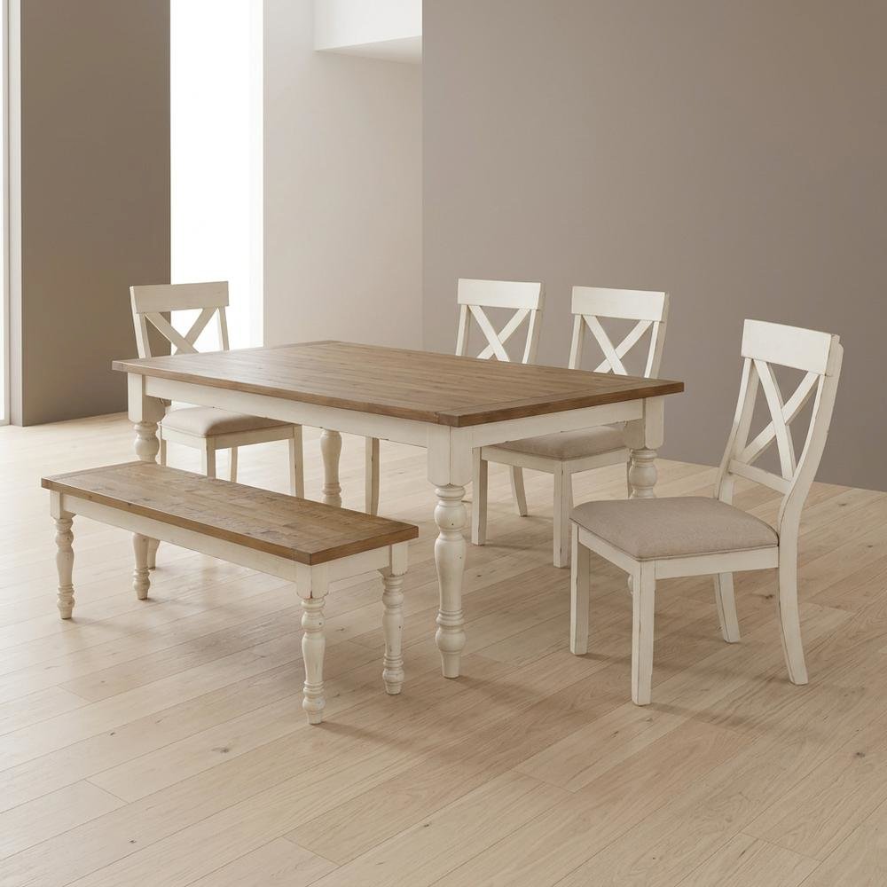 Antique White and Distressed Oak 6-Piece Dining Set with Chairs and Bench