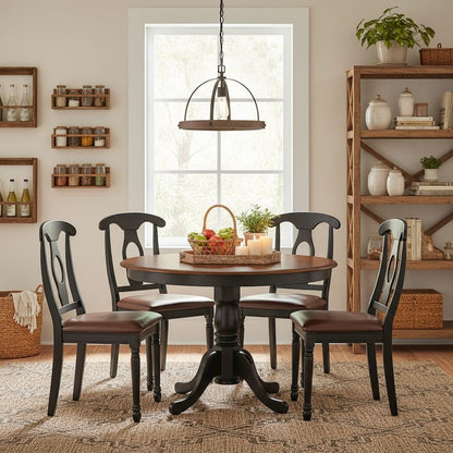 5 Piece Dining Furniture Set, Round Table, 4 Leather Chairs, Cherry and Black
