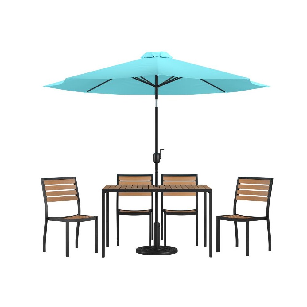 7 Piece All-Weather Deck or Patio Set with 4 Stacking Faux Teak Chairs, 30" x 48" Faux Teak Table, Teal Umbrella & Base