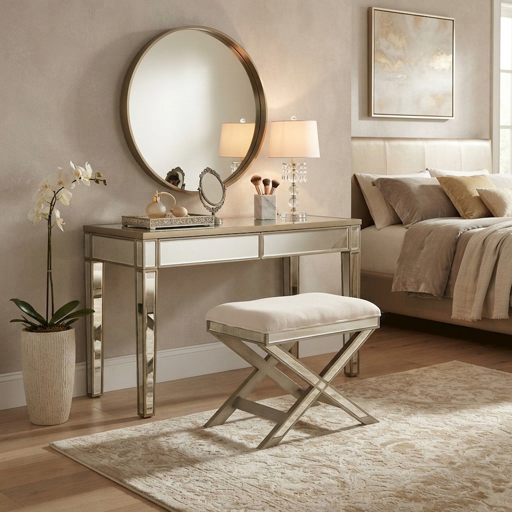 Starlight Canyon Home Mirrored Vanity Stool with Distressed Finish, Cream