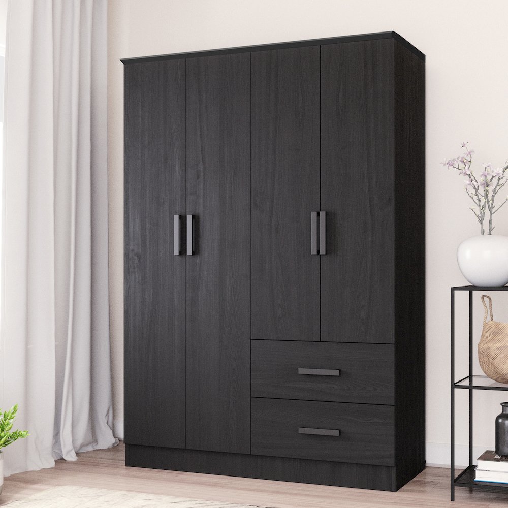 Better Home Products Luna Modern Wood 4 Doors 2 Drawers Armoire in Black