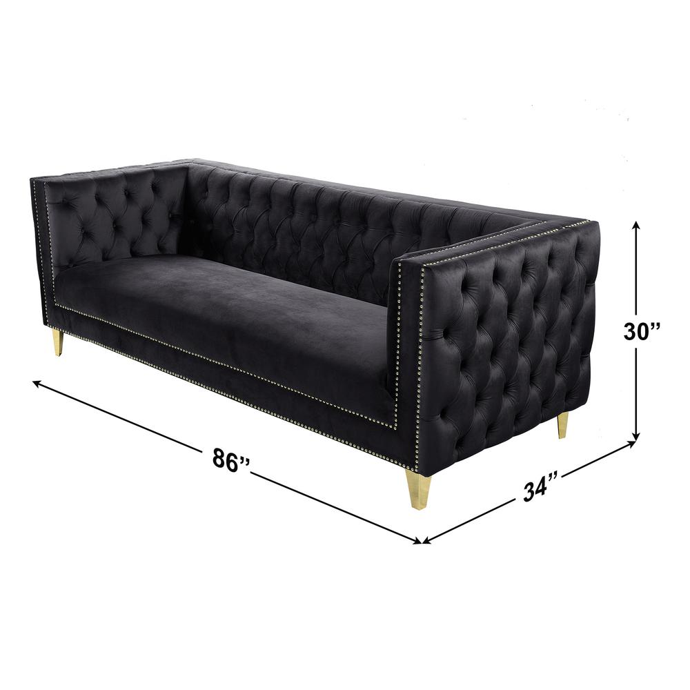 Luxe Velvet Sofa with Gold Legs, Gold Nail head Trim and Button-Tufted Design