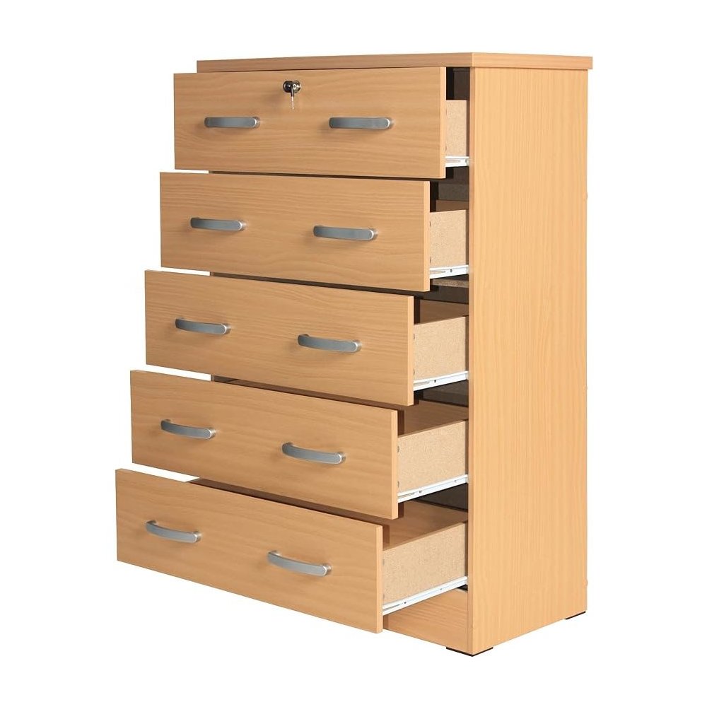 Better Home Products Cindy 5 Drawer Chest Wooden Dresser with Lock Beech (Maple)