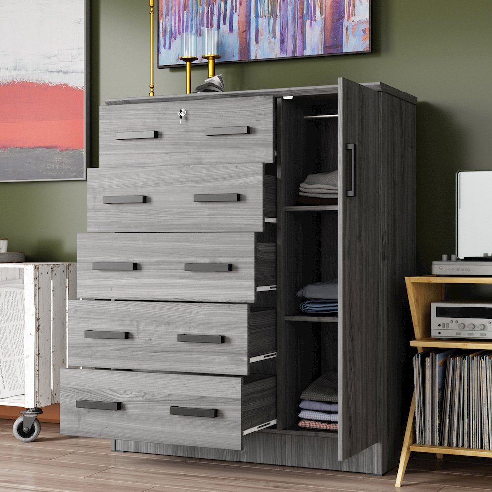 Better Home Products JCF Sofie 5 Drawer Wooden Tall Chest Wardrobe in Gray