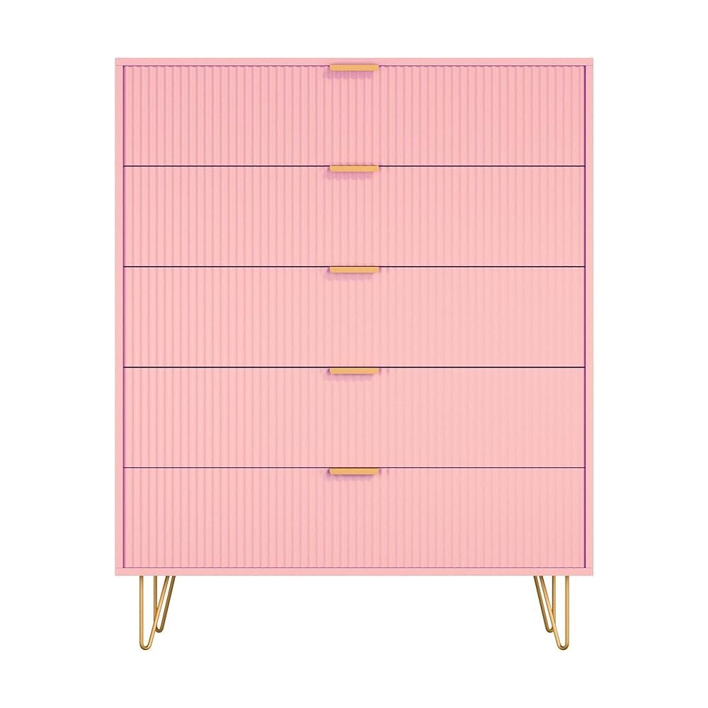 5-Drawer Chest in MDF Wood with Gold Metal Legs and Handles. (Pink)