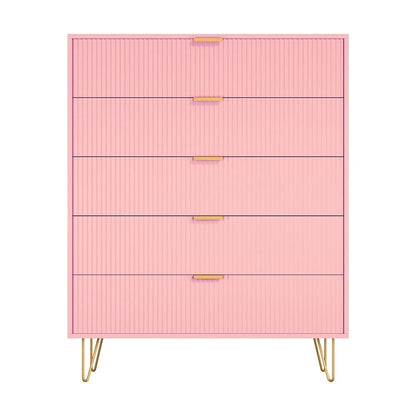 5-Drawer Chest in MDF Wood with Gold Metal Legs and Handles. (Pink)