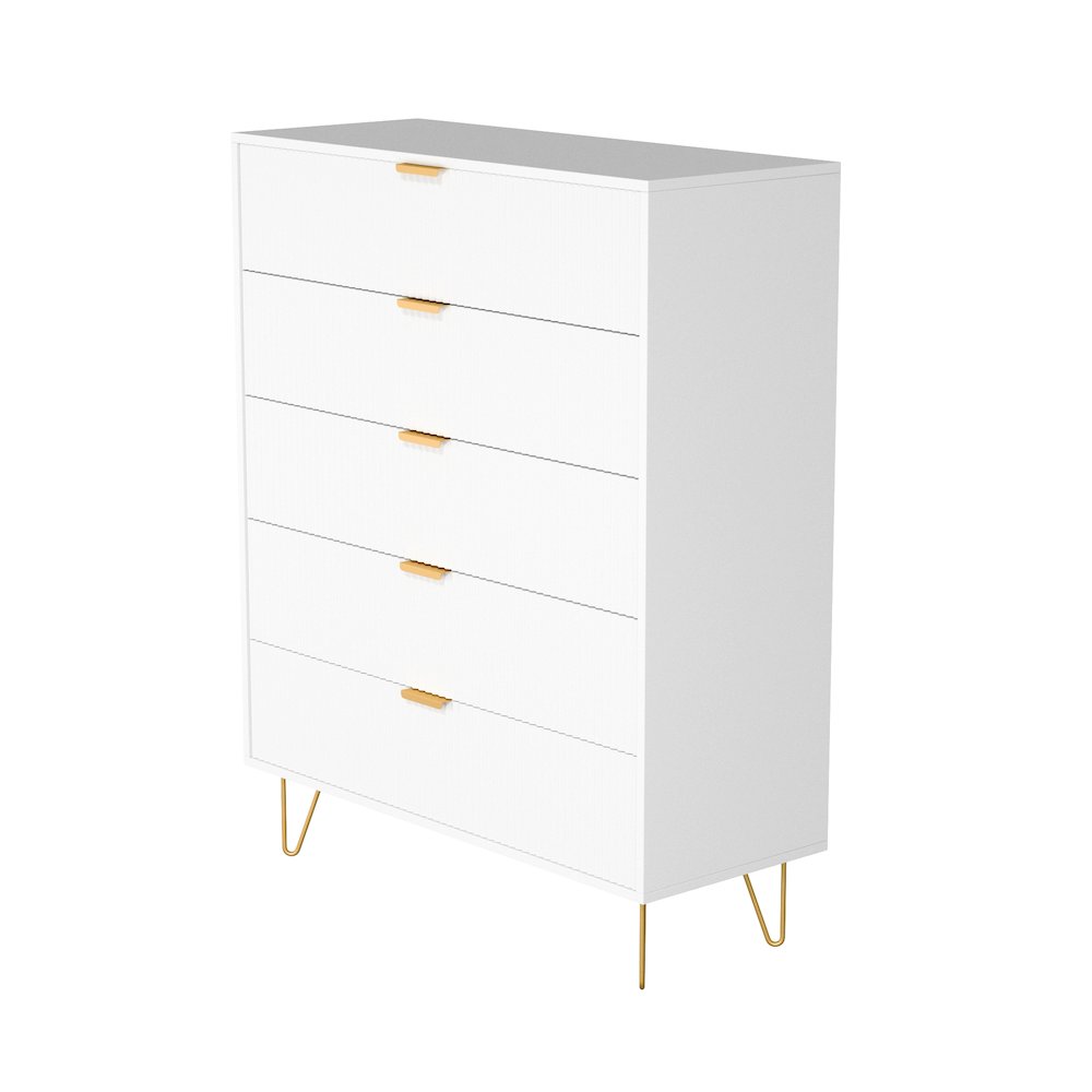 5-Drawer Chest in MDF Wood with Gold Metal Legs and Handles.