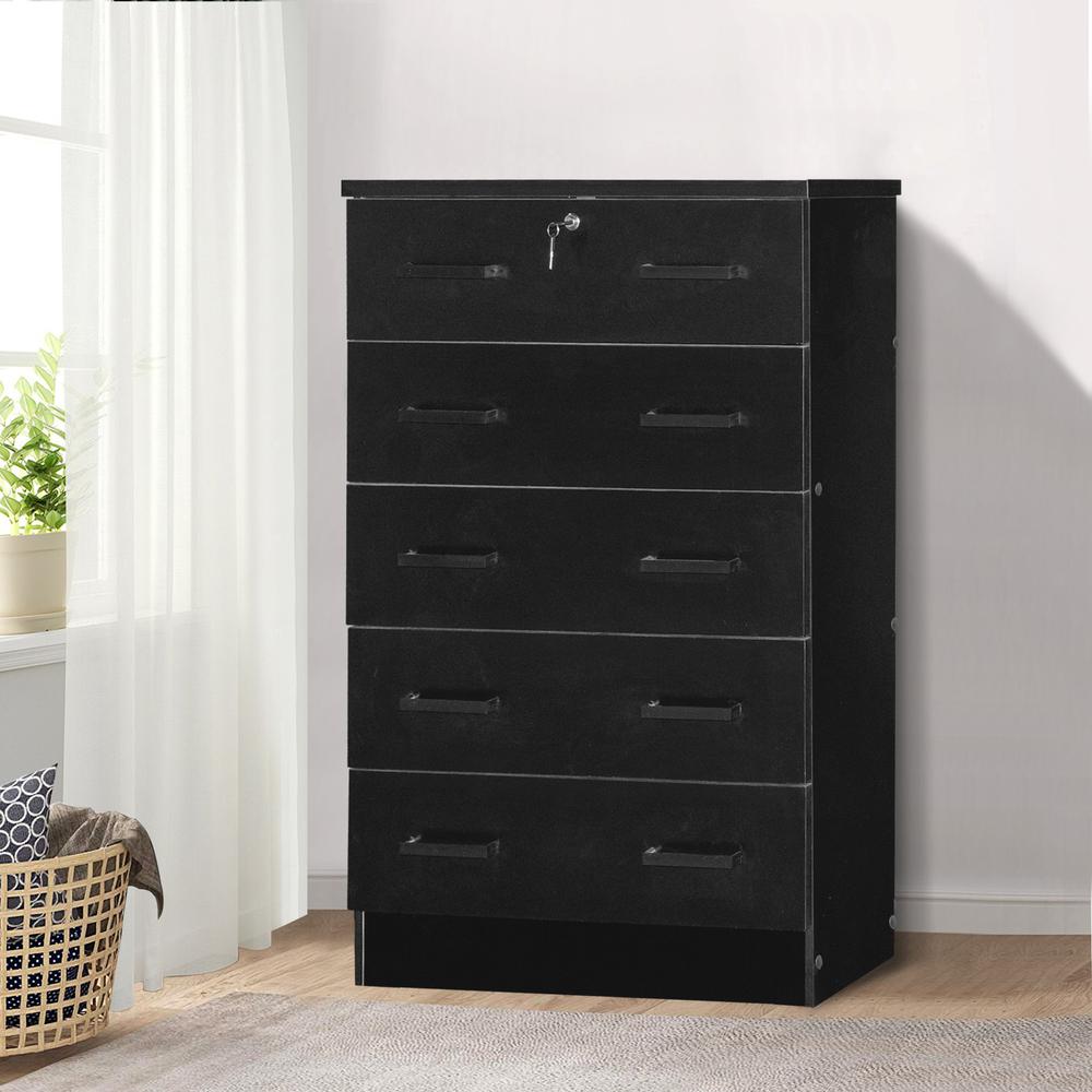 Better Home Products Cindy 5 Drawer Chest Wooden Dresser with Lock in Black