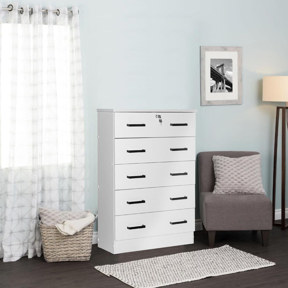 Better Home Products Cindy 5 Drawer Chest Wooden Dresser with Lock in White