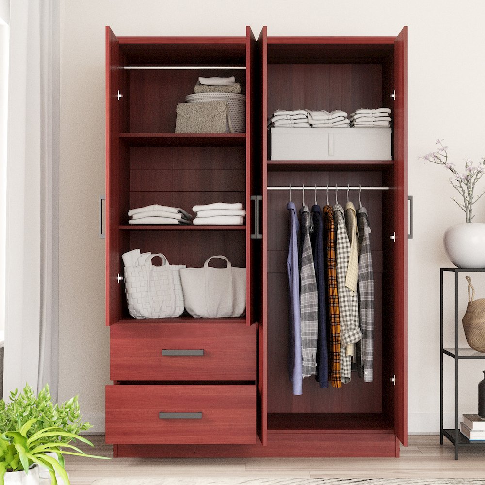 Better Home Products Luna Modern Wood 4 Doors 2 Drawers Armoire in Mahogany