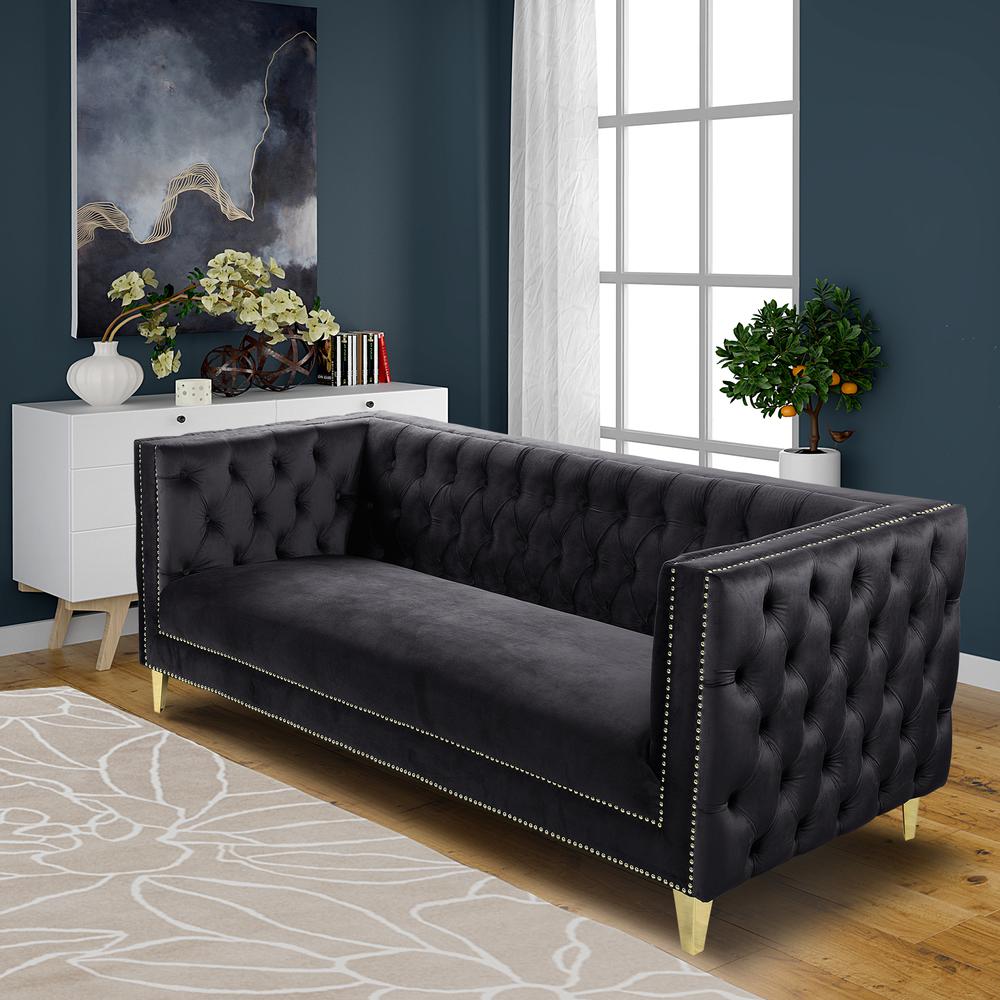 Luxe Velvet Sofa with Gold Legs, Gold Nail head Trim and Button-Tufted Design