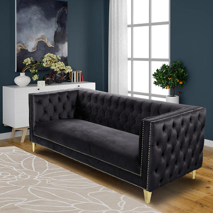 Luxe Velvet Sofa with Gold Legs, Gold Nail head Trim and Button-Tufted Design