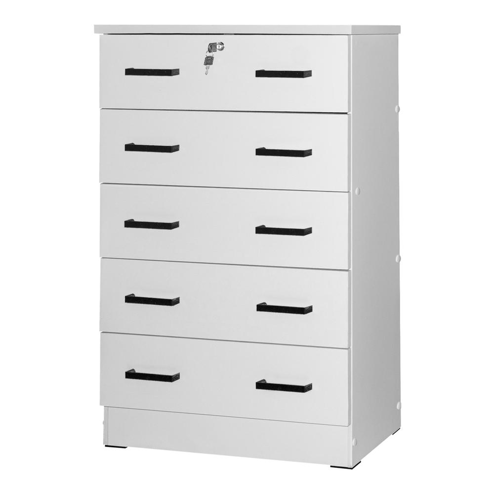 Better Home Products Cindy 5 Drawer Chest Wooden Dresser with Lock in White