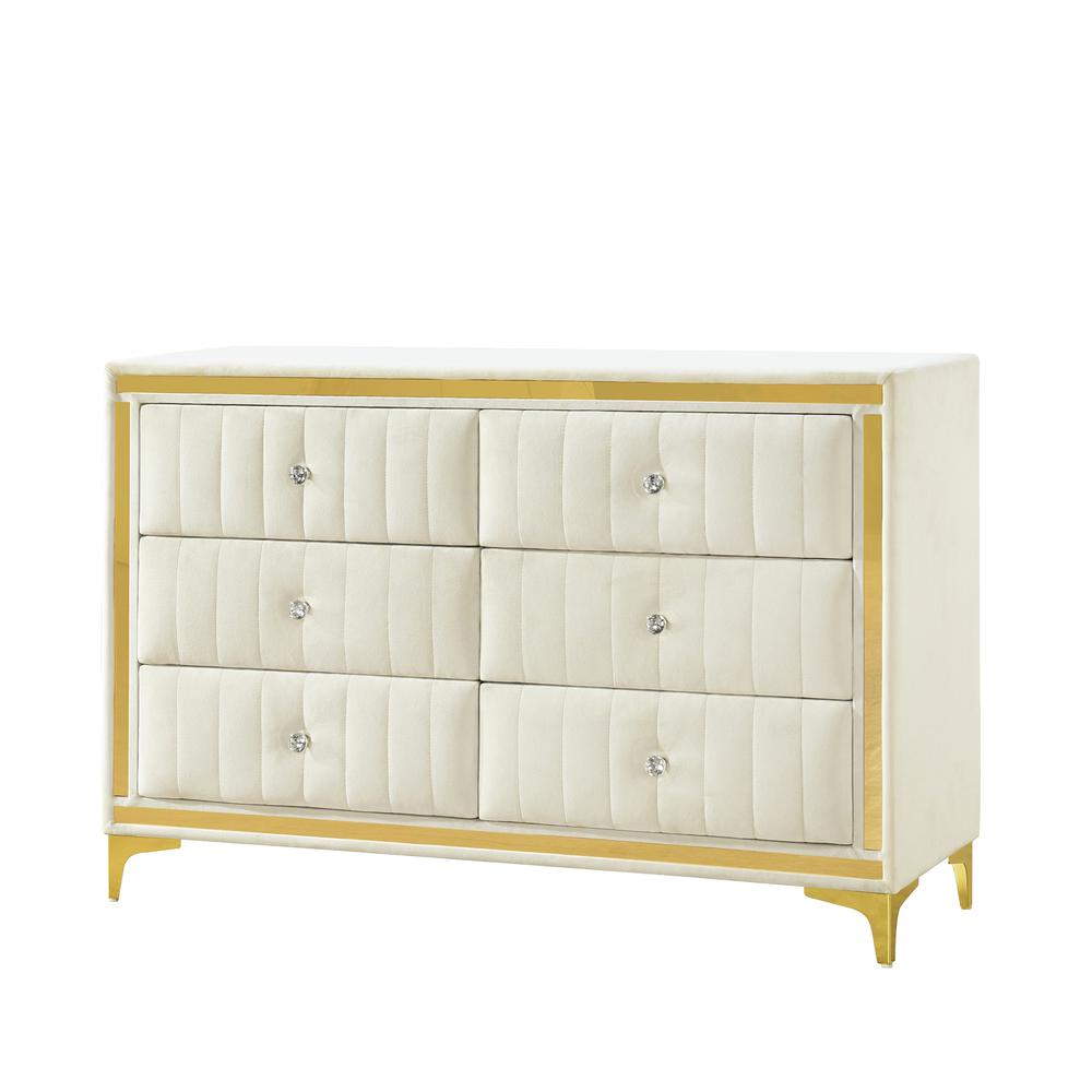 Velvet 6 Drawer Dresser with Gold Legs and Trim