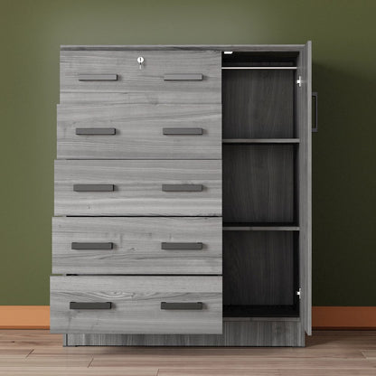 Better Home Products JCF Sofie 5 Drawer Wooden Tall Chest Wardrobe in Gray