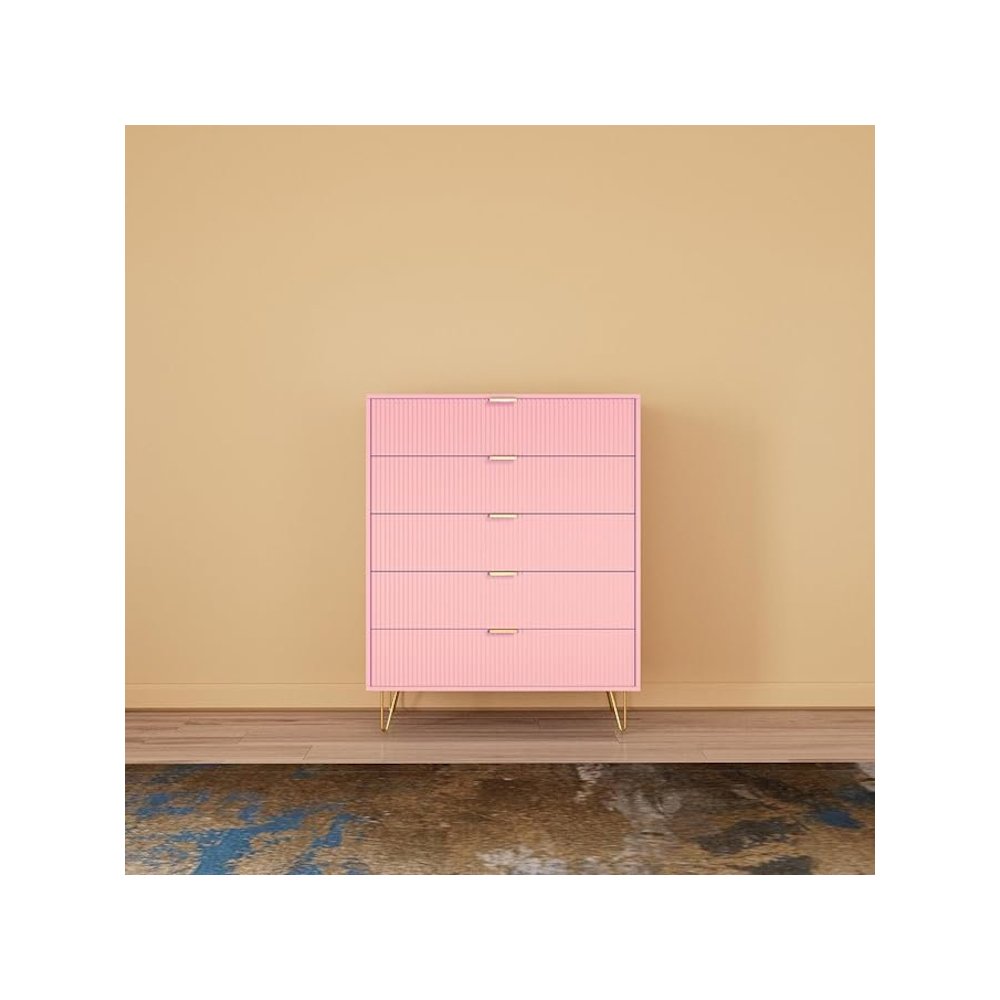 5-Drawer Chest in MDF Wood with Gold Metal Legs and Handles. (Pink)