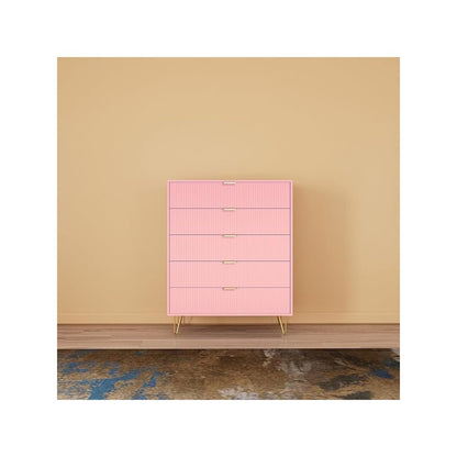 5-Drawer Chest in MDF Wood with Gold Metal Legs and Handles. (Pink)
