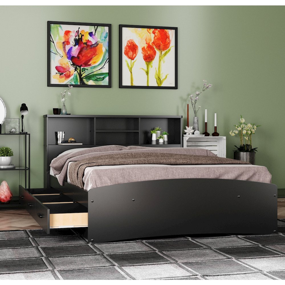 Captain Paltform Bed with 3 Drawers and Bookcase Headboard