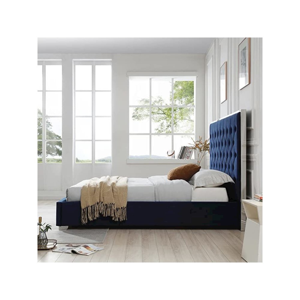 Sophia Velvet Queen Bed with Silver Metal Frame