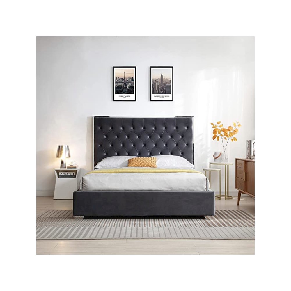 Sophia Velvet Queen Bed with Silver Metal Frame