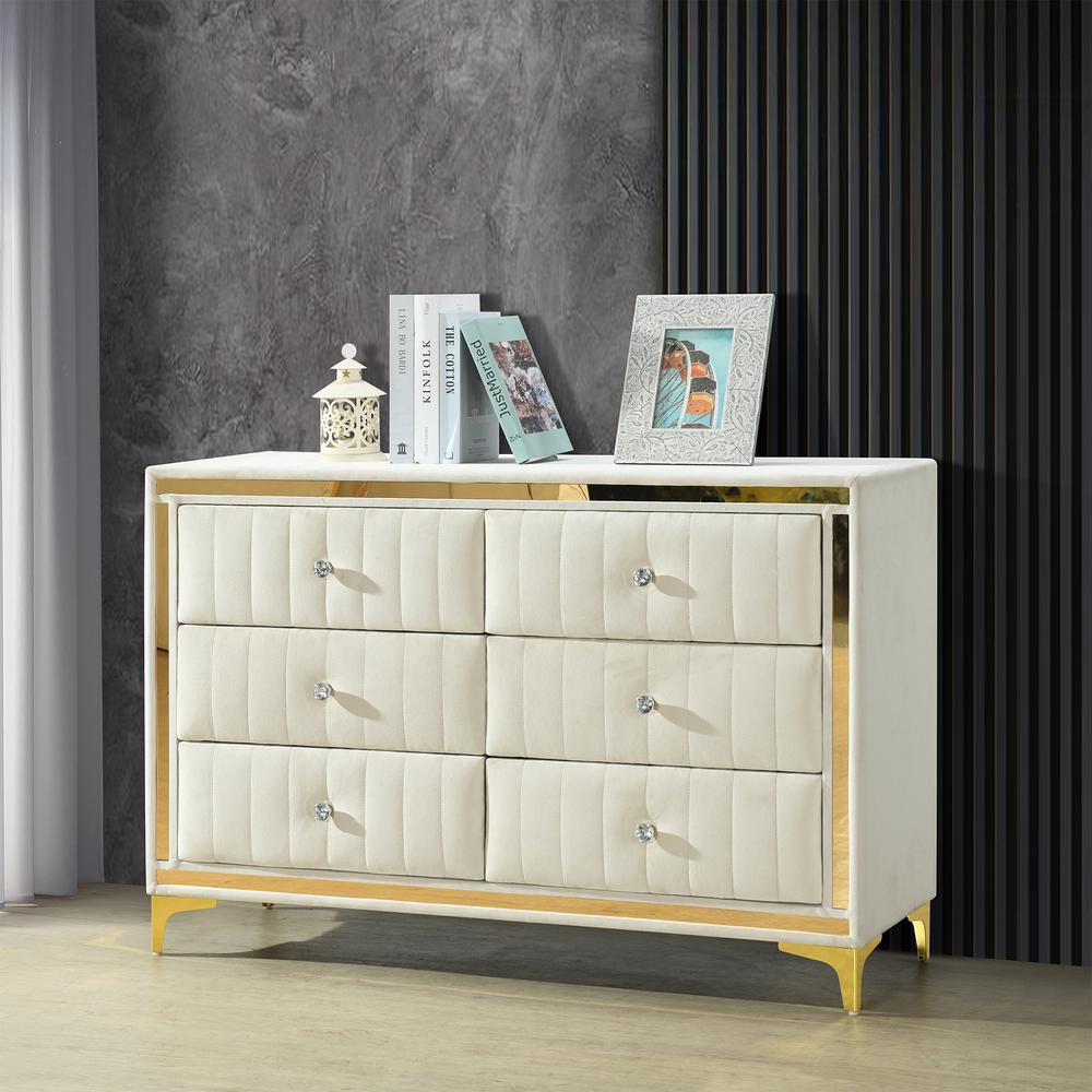 Velvet 6 Drawer Dresser with Gold Legs and Trim