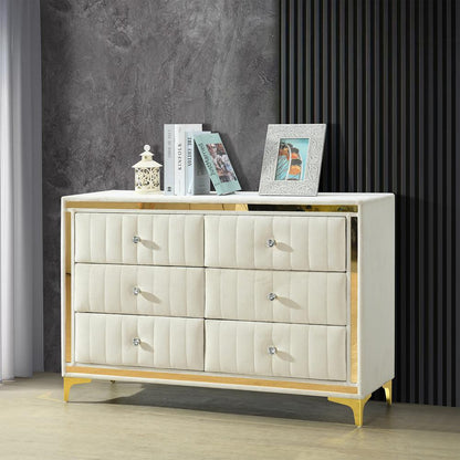 Velvet 6 Drawer Dresser with Gold Legs and Trim