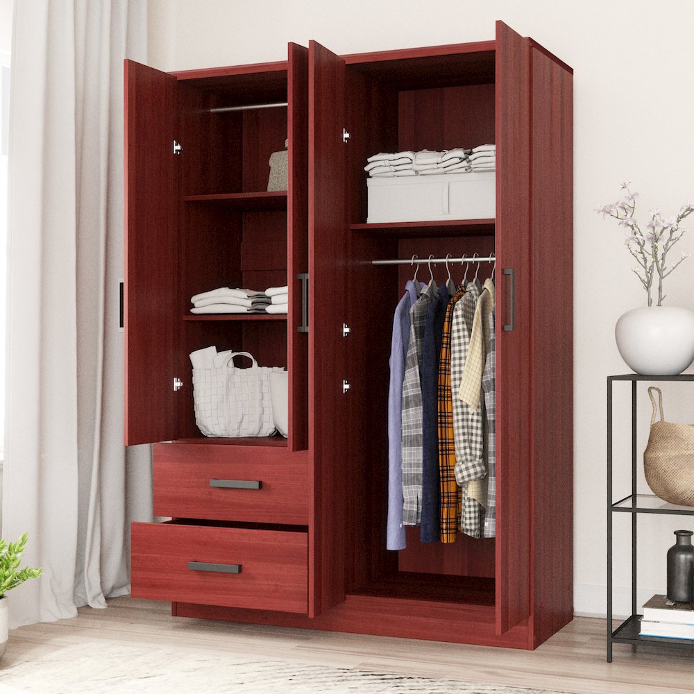 Better Home Products Luna Modern Wood 4 Doors 2 Drawers Armoire in Mahogany