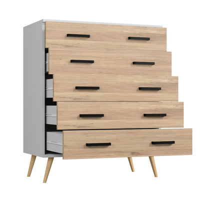 Eli Mid-Century Modern 5 Drawer Chest in Dark Gray & Natural Oak  Color