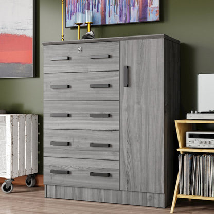 Better Home Products JCF Sofie 5 Drawer Wooden Tall Chest Wardrobe in Gray