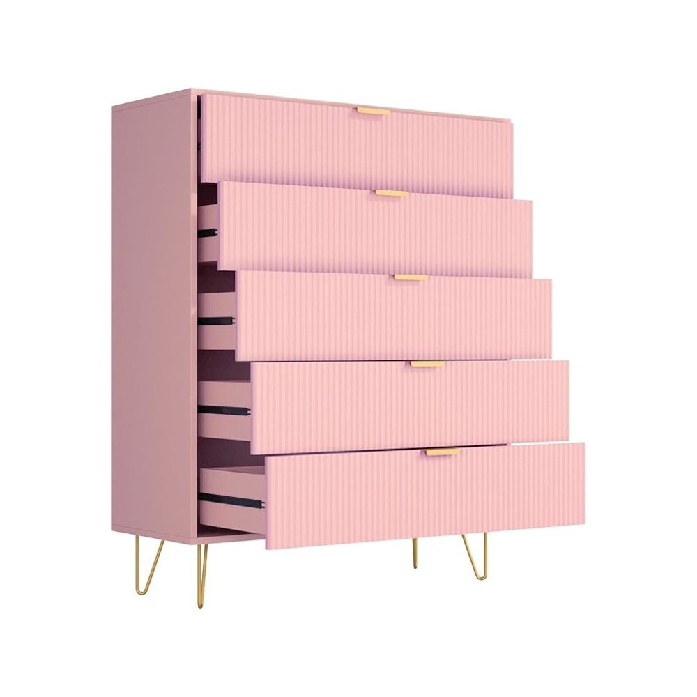 5-Drawer Chest in MDF Wood with Gold Metal Legs and Handles. (Pink)