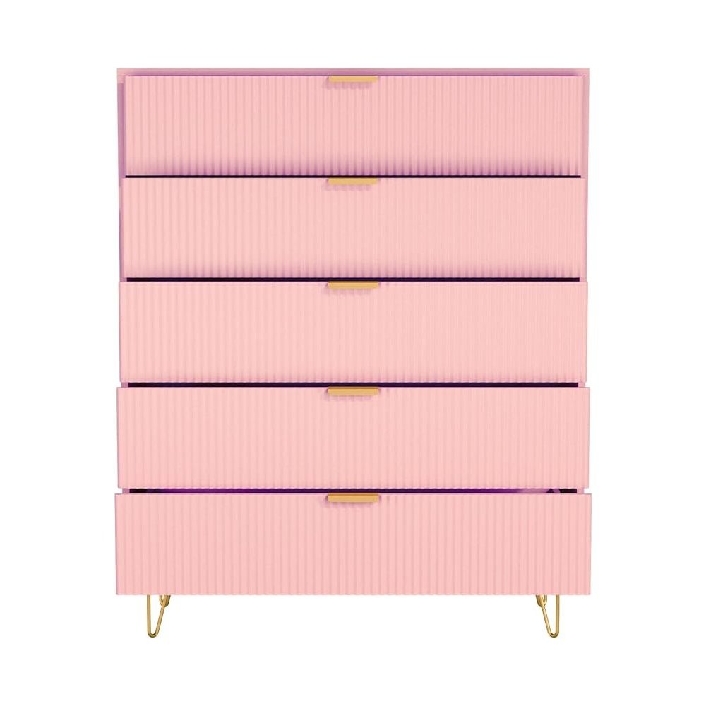 5-Drawer Chest in MDF Wood with Gold Metal Legs and Handles. (Pink)
