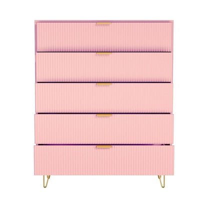 5-Drawer Chest in MDF Wood with Gold Metal Legs and Handles. (Pink)