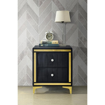 Monique Velvet Nightstand with Gold Legs and Gold Trim, Crystal knobs