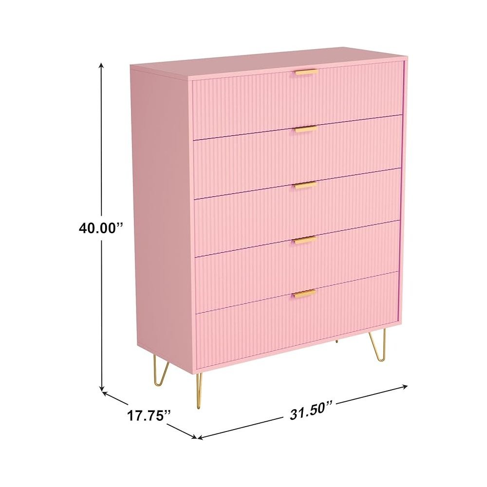 5-Drawer Chest in MDF Wood with Gold Metal Legs and Handles. (Pink)