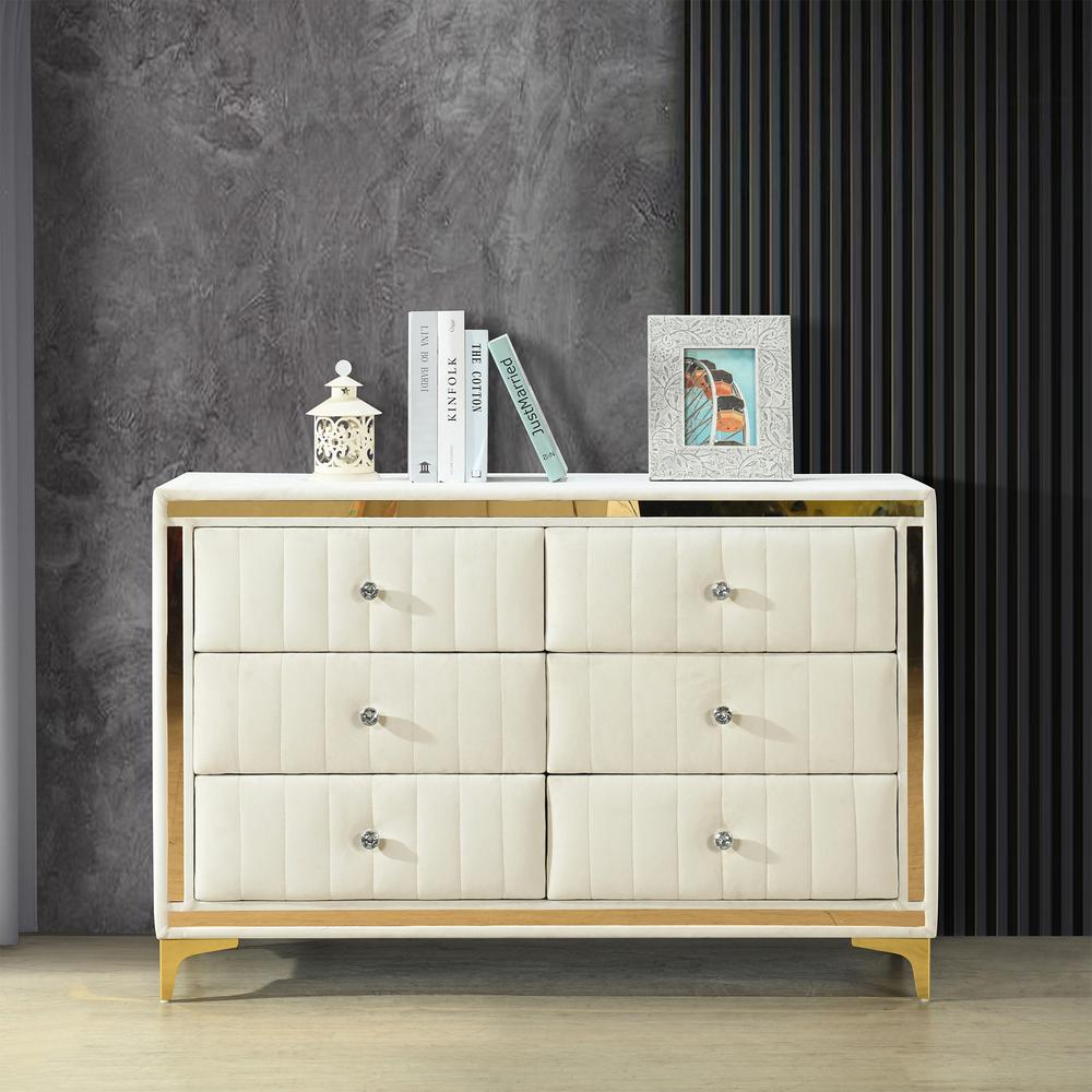 Velvet 6 Drawer Dresser with Gold Legs and Trim